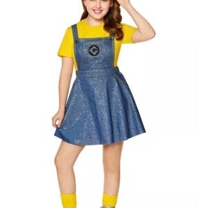 Minions Overall One Piece Dress Kids Medium Yellow Blue Sparkly Costume Cosplay